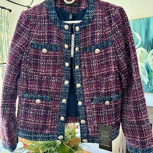 White House Black Market Women's Tweed Blazer - Red and Navy